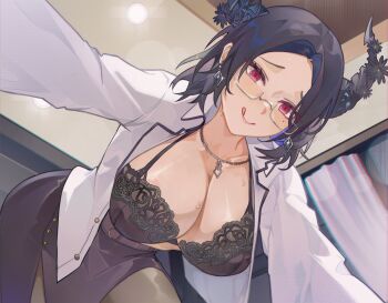 Rule 34 | 1girl, :q, absurdres, akurin 14, black bra, black hair, black skirt, blue hair, blush, bra, breasts, cleavage, colored inner hair, commentary, curtained hair, demon horns, earrings, english commentary, flower, from below, glasses, highres, hololive, hololive english, horn flower, horns, indoors, jewelry, lace, lace-trimmed bra, lace trim, lapels, large breasts, licking lips, long sleeves, looking at viewer, mole, mole under eye, multicolored hair, necklace, nerissa ravencroft, nerissa ravencroft (casual), office lady, official alternate costume, official alternate hairstyle, open clothes, open shirt, pantyhose, pencil skirt, reaching, reaching towards viewer, red eyes, semi-rimless eyewear, shirt, short hair, skirt, solo, sweat, tongue, tongue out, unbuttoned, under-rim eyewear, underwear, virtual youtuber, white shirt