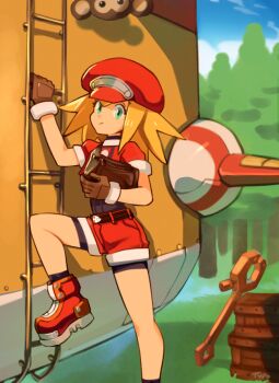 1girl aircraft airship aqua_eyes artist_name bag belt black_bodysuit blonde_hair bodysuit bodysuit_under_clothes boots brown_gloves newsboy_cap capcom closed_mouth cropped_jacket data_(mega_man) flutter_(mega_man) forest gloves hat jacket long_hair looking_at_viewer mega_man_(series) mega_man_legends_(series) monkey nature optionaltypo red_footwear red_headwear red_jacket red_shorts roll_caskett_(mega_man) short_sleeves shorts sleeves_rolled_up smile spiked_hair wrench