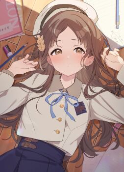 Rule 34 | 1girl, absurdres, beret, blue ribbon, blue skirt, blush, book, brown eyes, brown hair, commentary request, eraser, gakuen idolmaster, hair ornament, hat, hatsuboshi gakuen school uniform, highres, idolmaster, jacket, kirizuki reika, kuramoto china, leaf hair ornament, long hair, long sleeves, looking at viewer, lying, mechanical pencil, neck ribbon, notebook, on back, on floor, pencil, pleated skirt, ribbon, school uniform, skirt, solo, white hat, white jacket, wooden floor