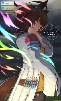 1girl absurdres agnes_tachyon_(tach-nology)_(umamusume) agnes_tachyon_(umamusume) ahoge animal_ears black_pantyhose brown_hair earrings english_text hair_between_eyes highres horse_ears horse_girl horse_tail huge_ahoge jewelry lab_coat long_sleeves looking_at_viewer pantyhose parted_lips red_eyes shirt short_hair single_earring sleeves_past_fingers sleeves_past_wrists smile solo speech_bubble sweater sweater_vest tail teeth test_tube umamusume yellow_sweater yellow_sweater_vest yoako