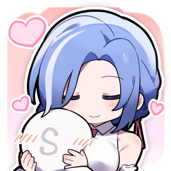 Rule 34 | 1girl, artist request, bare shoulders, between breasts, black gloves, blue hair, blush, braid, braided ponytail, breasts, chibi, chibi only, commander (girls' frontline), dp-12 (girls' frontline), girls' frontline, girls' frontline 2: exilium, gloves, head between breasts, heart, helen (girls' frontline 2), highres, large breasts, official art, second-party source, shirt, sleeveless, sleeveless shirt, white shirt