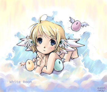 1girl ahoge angel angel_wings archived_source beak blonde_hair blue_eyes blush closed_mouth commentary_request completely_nude crossed_arms dated_commentary egg head_wings jang_sun-yeong korean_commentary light_frown looking_at_another lowres lying nude on_cloud on_stomach original pastel_colors pointing pointing_up short_hair straight_hair swept_bangs toes white_wings wings