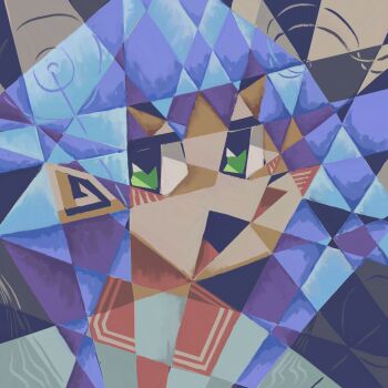 Rule 34 | 1girl, :d, abstract, abstract background, blue hair, blush, choppy bangs, commentary, cubism, english commentary, gooseygang, green eyes, highres, izumi konata, jitome, long hair, long sidelocks, looking at viewer, lucky star, mole, mole under eye, open mouth, portrait, red sailor collar, sailor collar, shirt, sidelocks, smile, solo, white shirt