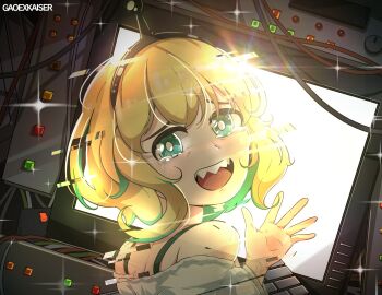 Rule 34 | 1girl, amano pikamee, artist name, black hairband, blonde hair, bra strap, cable, colored inner hair, commentary, computer, crying, crying with eyes open, denkou choujin gridman, english commentary, from behind, gao ex kaiser, glitch, green eyes, green hair, hairband, multicolored hair, off-shoulder sweater, off shoulder, open mouth, sharp teeth, short hair, solo, sparkle, streaked hair, sweater, tears, teeth, tongue, virtual youtuber, voms, waving