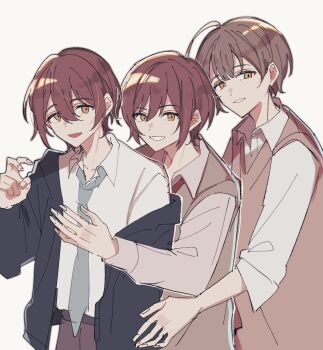 3boys alstroemeria_(idolmaster) behind_another black_jacket blue_necktie brown_eyes brown_hair collared_shirt genderswap genderswap_(ftm) grin hayamachi highres idolmaster idolmaster_shiny_colors jacket kuwayama_chiyuki looking_at_viewer male_focus multiple_boys necktie open_clothes open_jacket osaki_amana osaki_tenka red_hair shirt short_hair simple_background smile standing white_background white_shirt
