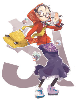 Rule 34 | :<, bag, bead bracelet, beads, black hair, blue skirt, bracelet, braid, commentary request, floral print, full body, glasses, hand in pocket, hand up, hashimoto shin, highres, hood, hood up, hoodie, jewelry, long sleeves, looking at viewer, original, outline, pantyhose, pink eyes, print hoodie, red hoodie, shoes, shoulder bag, simple background, skirt, twin braids, white background, white outline, white shoes, yellow bag