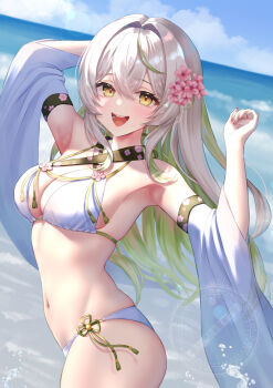 absurdres armpits bikini blush breasts commission dappled_sunlight green_hair grey_hair hanami_chaka highres long_hair looking_at_viewer mary_is_mine medium_breasts navel ocean open_mouth skeb_commission stomach sunlight swimsuit virtual_youtuber water watermark white_bikini yellow_eyes