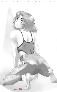 Rule 34 | 1girl, alternate costume, amagami, ass, bare shoulders, character name, closed mouth, commentary request, curly hair, from behind, full body, greyscale, high heels, highleg, highleg one-piece swimsuit, highres, kneeling, leggings, looking at viewer, looking back, medium hair, messy hair, mike156, monochrome, one-piece swimsuit, parted lips, shoes, shoulder blades, signature, simple background, solo, spread legs, swimsuit, tanamachi kaoru, wavy hair