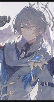 1boy 256_zako arm_belt badge blue_hair clothing_cutout earrings gloves halo halo_behind_head hashtag-only_commentary head_wings highres honkai:_star_rail honkai_(series) hood hood_down jacket jewelry male_focus medium_hair parted_lips ring simple_background sunday_(honkai:_star_rail) wings yellow_eyes