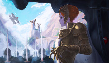 1girl 5boys absurdres aircraft among_us armor black_cloak blue_eyes blue_sky bridge cloak closed_mouth cloud day earrings gold_armor headpiece hei_mao_dan_dan highres holding holding_weapon in-universe_location jewelry kaze_no_tani_no_nausicaa kushana multiple_boys orange_hair outdoors profile red_(among_us) scene_reference scenery sky sword valley visor_(armor) weapon windmill