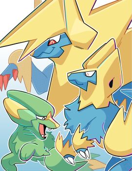 Rule 34 | blue fur, claws, electrike, evolutionary line, fadedleara, gen 3 pokemon, green fur, manectric, mega manectric, mega pokemon, nintendo, no humans, open mouth, pokemon, pokemon (creature), red eyes, two-tone fur, yellow fur