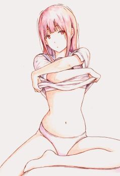 1girl :o absurdres barefoot bbmasa blue_sailor_collar blunt_bangs clothes_lift commentary_request foot_out_of_frame gradient_background grey_background hibike!_euphonium highres kitauji_high_school_uniform lifting_own_clothes liz_to_aoi_tori long_hair looking_at_viewer navel no_pants panties purple_hair red_eyes sailor_collar school_uniform shirt shirt_lift sitting solo summer_uniform traditional_media underwear undressing white_panties white_shirt yoroizuka_mizore