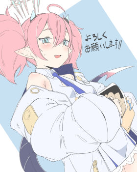 1girl absurdres ahoge aqua_eyes bag_of_chips blue_archive blue_necktie blush breasts chips_(food) collared_dress commentary_request dress food frilled_dress frills green_horns halo highres horns jacket long_sleeves looking_at_viewer momoka_(blue_archive) nail_polish necktie open_clothes open_jacket open_mouth pink_hair pointy_ears potato_chips sharp_teeth simple_background small_breasts smile solo sweatdrop tail teeth twintails white_dress zettai_yarumoni