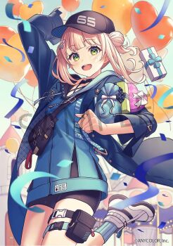 1girl :d balloon baseball_cap bike_shorts black_hat black_shirt black_shorts blonde_hair blue_bow blue_coat blue_hoodie blue_socks blush bow box carousel coat confetti copyright_name double_bun ferris_wheel gift gift_box green_eyes hair_bun hat heart_balloon hood hood_down hoodie kaburaki_roco kaburaki_roco_(1st_costume) lq_saku medium_hair nijisanji official_art open_clothes open_coat open_mouth pouch ribbon sample_watermark shirt shoes shorts smile sneakers socks solo streamers teeth tongue tower upper_teeth_only virtual_youtuber watermark white_bow white_ribbon white_shoes