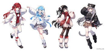 4girls akane_lize arahashi_tabi asymmetrical_legwear azit_(down) black_hair black_pantyhose blue_eyes blue_hair breasts cat_girl cat_tail closed_mouth commentary_request full_body grey_eyes grey_hair grey_socks highres huge_breasts jacket kneehighs leg_warmers long_hair long_sleeves looking_at_viewer mismatched_legwear mole mole_under_eye multiple_girls neneko_mashiro official_art open_clothes open_jacket open_mouth pantyhose parted_lips red_eyes red_hair scarf shirayuki_hina shoes simple_background skirt smile socks standing stellive tail thigh_strap thighhighs uneven_legwear virtual_youtuber white_background white_socks white_thighhighs winter_clothes zettai_ryouiki