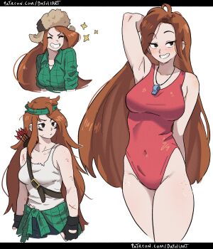 Rule 34 | > <, 1girl, :d, absurdres, body freckles, breast freckles, breasts, commentary, dashi (dashiart), earrings, english commentary, flannel, freckles, fur hat, gravity falls, grin, hat, highres, jewelry, lifeguard, long hair, looking at viewer, medium breasts, official alternate costume, open mouth, orange hair, plaid clothes, plaid shirt, red hair, shirt, shoulder freckles, smile, solo, ushanka, wendy corduroy, xd