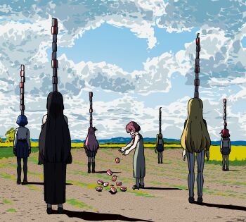 6+girls absurdres ahoge album_cover_redraw alcohol_carton balancing_on_head bare_shoulders black_dress black_hair black_pantyhose blonde_hair blue_hair blue_skirt blue_sky bocchi_the_rock! can_stack cloud cloudy_sky cube_hair_ornament derivative_work detached_ahoge dress facing_away from_behind goumonsha grass green_dress hair_ornament highres hiroi_kikuri kessoku_band long_hair motoharu_sano_&amp;_the_coyote_band mountainous_horizon multiple_girls outdoors pants pantyhose pink_hair pleated_skirt purple_hair red_hair school_uniform shirt short_hair skirt sky standing striped_clothes striped_pants sundress surreal vertical-striped_clothes vertical-striped_pants very_long_hair white_pants white_shirt