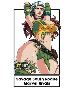 1girl abs artist_name breasts brown_hair character_name cleavage copyright_name feather_hair_ornament female_focus green_eyes hair_ornament large_breasts long_hair looking_at_viewer marvel marvel_rivals multicolored_hair navel one_eye_closed rogue_(x-men) smile solo superhero_costume thighs torn_clothes two-tone_hair white_hair wink x-men