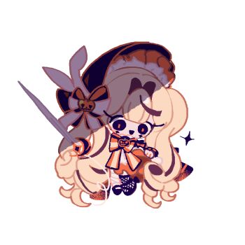 1girl absurdly_long_hair asymmetrical_dress asymmetrical_legwear back_bow bandaged_leg bandages black_bonnet black_bow black_eyes black_shoes black_sleeves black_thighhighs black_wrist_cuffs blonde_hair blunt_bangs blush_stickers bonnet bow bowtie brooch chibi commentary cookie_run cookie_run:_kingdom detached_sleeves dress drill_hair english_commentary eyelashes facial_tattoo fishnet_thighhighs fishnets four-pointed_star frilled_dress frilled_headwear frilled_wrist_cuffs frills hair_intakes halloween happy hat hat_bow holding holding_sword holding_weapon jack-o&#039;-lantern_brooch jack-o&#039;-lantern_hat_ornament jewelry long_dress long_hair looking_ahead loose_hair_strand maid_headdress mary_janes mismatched_legwear multicolored_hair mycookie open_mouth orange_bow orange_bowtie orange_dress orange_pupils reed ribbon-trimmed_wrist_cuffs shoes short_sleeves simple_background single_stripe single_thighhigh skirt_hold sleeveless sleeveless_dress smile solo sparkle standing star_(symbol) star_tattoo streaked_hair striped_bow striped_bowtie striped_clothes sword tattoo thighhighs twintails two-tone_bow two-tone_dress very_long_hair weapon white_background white_bow white_dress wrist_cuffs