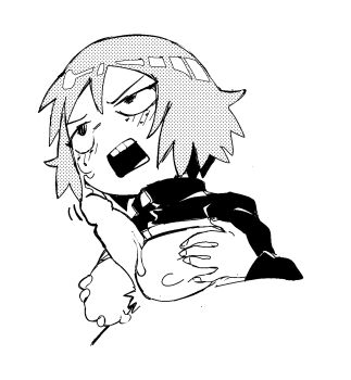 Rule 34 | 1boy, 1girl, annoyed, black eyes, blupixl, blush, breast hold, breasts, breasts out, clothed female nude male, cum, cum on body, cum on breasts, cum on upper body, disembodied penis, facial, freckles, highres, jacket, kim pine, male pubic hair, monochrome, nude, open mouth, paizuri, penis, pubic hair, scott pilgrim (series), short hair, track jacket