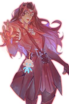 1girl bright_pupils brown_hair character_doll doll dress earrings freckles green_eyes hashtag-only_commentary highres jewelry long_hair looking_down marvel marvel_rivals pietro_maximoff quicksilver_(marvel) red_dress red_lips scarlet_witch smile solo stuffed_toy wanda_maximoff white_background white_pupils xuqin37179277