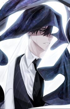 Rule 34 | 1boy, black necktie, cloak, coat, collared shirt, glowing, hayu beck, head tilt, highres, hood, hood up, hooded cloak, male focus, necktie, omniscient reader's viewpoint, one eye covered, open clothes, open coat, popped collar, scar, scar on face, secretive plotter, shirt, solo, starry sky print, striped clothes, striped vest, upper body, vest, white coat, white shirt, yoo joonghyuk