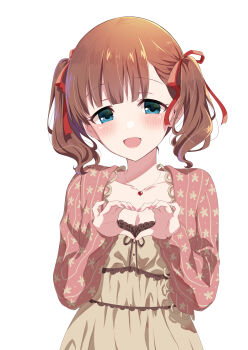 1girl absurdres blue_eyes blush breasts brown_hair dress hair_ribbon heart heart_hands heart_necklace highres idolmaster idolmaster_cinderella_girls jewelry looking_at_viewer necklace open_mouth ribbon sakuma_mayu short_hair small_breasts smile solo tottoto_tomekichi twintails upper_body