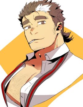 1boy bara bone_color919 chest_hair cigarette cropped_torso eyebrow_stubble facial_hair highres male_focus mature_male mononobe_kyoma multicolored_hair muscular muscular_male partially_unbuttoned pectoral_cleavage pectorals protected_link short_hair sideburns_stubble smoking solo sparse_chest_hair sparse_stubble streaked_hair stubble thick_eyebrows tokyo_houkago_summoners tsurime white_hair