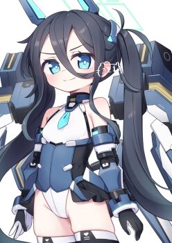 Rule 34 | >:), 1girl, aris (armed) (blue archive), aris (blue archive), bare shoulders, black gloves, black hair, black thighhighs, blue archive, blue eyes, blue necktie, closed mouth, commentary request, cowboy shot, gloves, hair between eyes, halo, headgear, highres, kokone (coconeeeco), leotard, long hair, looking at viewer, necktie, ringed eyes, short necktie, simple background, skindentation, smile, solo, thighhighs, twintails, v-shaped eyebrows, very long hair, white background, white leotard