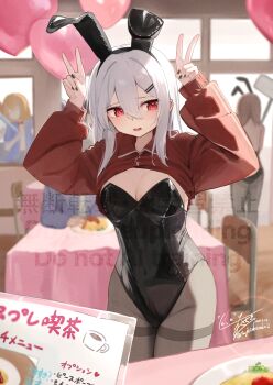 1girl absurdres animal_ear_hairband animal_ears black_leotard black_nails breasts cafe chair cleavage clothes_lift commentary_request cowboy_shot dated double_v facing_viewer fake_animal_ears fuji_sakura hair_ornament hairband hairclip highres jacket jacket_lift leotard long_hair looking_to_the_side medium_breasts menu open_mouth original pantyhose_under_leotard parallel_hairclips playboy_bunny rabbit_ear_hairband rabbit_ears red_eyes sideways_glance signature solo_focus standing strapless strapless_leotard table track_jacket twitter_username v watermark white_hair