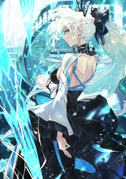 1girl back black_bow black_dress blue_eyes bow braid breasts dress fadingz fate/grand_order fate_(series) grey_hair hair_bow large_breasts long_hair long_sleeves looking_at_viewer looking_back morgan_le_fay_(fate) morgan_le_fay_(third_ascension)_(fate) ponytail sidelocks solo spikes tiara two-tone_dress very_long_hair white_dress wide_sleeves