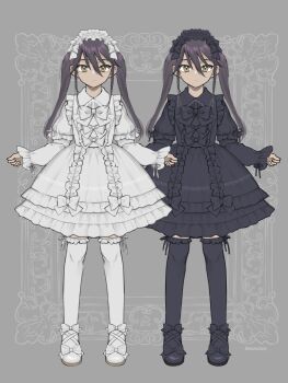 1girl dress frilled_dress frills full_body gothic_lolita grey_background gundam gundam_gquuuuuux hairband highres jacket lolita_fashion lolita_hairband long_hair long_sleeves looking_at_viewer momoshny multiple_views nyaan_(gundam_gquuuuuux) purple_hair solo_focus standing thighhighs twintails yellow_eyes
