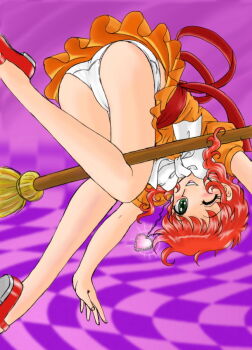 1girl ass bent_over blush bow broom brown_ribbon checkered_background dress from_behind g-hiiragi green_eyes heart heart_necklace jewelry kanzaki_megu long_hair looking_at_viewer looking_back magical_girl majokko_megu-chan necklace one_eye_closed open_mouth orange_dress panties puffy_sleeves purple_background red_hair red_shoes ribbon shoes short_sleeves smile sparkle teeth underwear waist_ribbon white_bow white_panties wink