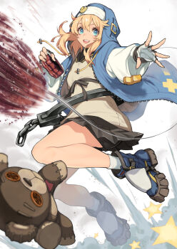 1boy bike_shorts bike_shorts_under_skirt black_shorts black_skirt blonde_hair blue_eyes bridget_(guilty_gear) chain commentary_request fingerless_gloves full_body gloves guilty_gear guilty_gear_strive hood hood_up jumping long_hair long_sleeves looking_at_viewer male_focus miniskirt object_belt open_mouth oversized_object puffy_long_sleeves puffy_sleeves roger_(guilty_gear) saeki_shun shirt shorts skirt smile solo stuffed_animal stuffed_toy teddy_bear teeth trap upper_teeth_only white_shirt yo-yo