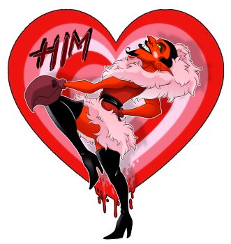 Rule 34 | 1boy, belt, black belt, black hair, black thighhighs, blueharuka, boots, colored skin, crab claw, demon, demon boy, dress, english text, evil smile, facial hair, from side, fur-trimmed collar, fur trim, goatee, green eyes, hair slicked back, heart, heart background, high heel boots, high heels, highres, him (powerpuff girls), looking at viewer, male focus, melting, pink background, pink fur, pointy ears, powerpuff girls, red background, red dress, red skin, sleeveless, smile, solo, teeth, thigh boots, thighhighs, white background, widow's peak