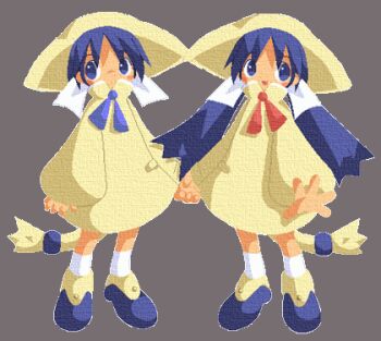 :d amazake_(manuke_no_oukoku) anime_coloring ankle_socks bad_link blue_eyes blue_hair blue_ribbon blue_shoes coat collared_coat commentary_request hat hat_with_ears high_collar holding_hands legs_apart long_hair looking_to_the_side lowres nekoko_(ukagaka) open_hand open_mouth pocket red_ribbon ribbon shoes short_hair shouta_(ukagaka) smile socks standing tail tail_ornament transparent_background twintails ukagaka white_ribbon white_socks yellow_coat yellow_hat yellow_sleeves yellow_tail