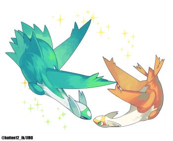 alternate_color alternate_costume commentary_request dragon full_body gen_3_pokemon green_eyes highres latias latios legendary_pokemon mamebato nintendo no_humans orange_eyes pokemon pokemon_(creature) pokemon_focus shiny_pokemon simple_background sparkle white_background wings