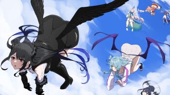 6+girls absurdres ass asymmetrical_horns black_hair blue_eyes blue_hair braid braided_bangs breasts closed_eyes cloud cloudy_sky daydarion demon_horns earrings elira_pendora elira_pendora_(1st_costume) feather-trimmed_jacket feather_earrings feathers flying grey_hair hair_over_one_eye hat head_wings highres hololive hololive_english hololive_indonesia horns jewelry large_breasts long_hair long_sleeves low_wings mole mole_under_eye multicolored_hair multiple_girls nerissa_ravencroft nerissa_ravencroft_(1st_costume) nijisanji nijisanji_en ninomae_ina&#039;nis ninomae_ina&#039;nis_(1st_costume) open_mouth orange_hair orange_hat ouro_kronii pavolia_reine pavolia_reine_(1st_costume) purple_hair red_eyes side_ponytail skindentation sky smile takanashi_kiara takanashi_kiara_(1st_costume) top-down_bottom-up two-tone_hair upskirt virtual_youtuber wings