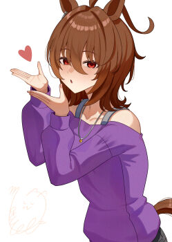 1girl agnes_tachyon_(casual)_(umamusume) agnes_tachyon_(umamusume) ahoge animal_ears blowing_kiss blush brown_hair commentary_request hair_between_eyes highres horse_ears horse_girl horse_tail huge_ahoge looking_at_viewer medium_hair motusii off-shoulder_shirt off_shoulder purple_shirt red_eyes shirt simple_background solo tail umamusume white_background