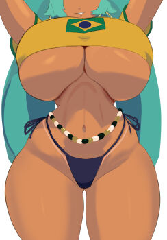 Rule 34 | 1girl, aqua hair, arms up, bikini, blue bikini, brazilian flag, brazilian flag print, brazilian miku, breasts, cropped shirt, dark-skinned female, dark skin, earrings, flag print, groin, hatsune miku, head out of frame, highres, hoop earrings, huge breasts, jewelry, long hair, navel, open mouth, rodgewp, shirt, simple background, smile, solo, stomach, swimsuit, tan, tanline, twintails, underboob, vocaloid, white background, yellow shirt