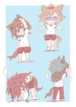 ... 4girls agnes_tachyon_(umamusume) animal_ears beanie beer_hsk bent_over blue_background blue_ribbon bow brown_eyes brown_hair chibi commentary_request crown ear_ribbon ears_through_headwear grey_hat gym_shirt gym_shorts gym_uniform hair_between_eyes hat highres horse_ears horse_girl horse_tail long_hair mini_crown multiple_girls nakayama_festa_(umamusume) orfevre_(old_design)_(umamusume) pants puffy_short_sleeves puffy_sleeves purple_eyes red_pants red_shorts ribbon shadow shirt shoes short_sleeves shorts socks spoken_ellipsis standing stretching t.m._opera_o_(umamusume) tail track_pants umamusume very_long_hair white_shirt white_shoes white_socks