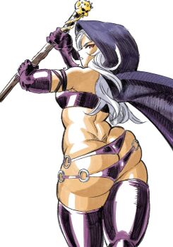 1girl 2024 arms_up ass back backless_outfit bikini breasts butt_crack cloak commentary contrapposto cowboy_shot criss-cross_halter curly_hair dark-skinned_female dark_skin dimples_of_venus elf-san_wa_yaserarenai. english_commentary female_focus gutsbro14 halterneck holding holding_staff hood hood_up hooded_cloak huge_ass kneepit kuroeda_(elf-san_wa_yaserarenai.) looking_at_viewer looking_back medium_breasts o-ring o-ring_bikini parted_lips purple_bikini purple_cloak red_eyes sideways_glance simple_background solo staff swimsuit white_background white_hair