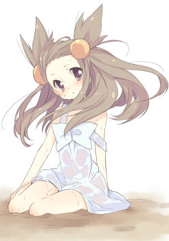 1990s_(style) 1girl brown_eyes brown_hair dress female_focus gym_leader hair_bobbles hair_ornament jasmine_(pokemon) long_hair nakamura_sandayo nintendo pokemon pokemon_gsc retro_artstyle see-through_clothes simple_background solo sweat twintails two_side_up white_background