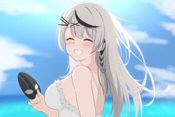 1girl :d bare_shoulders beach blurry blurry_background blush breasts closed_eyes dress frilled_dress frills hair_ornament highres hololive large_breasts looking_at_viewer miya_anko multicolored_hair open_mouth sakamata_chloe sideboob sky smile solo strap sundress teeth tooth virtual_youtuber white_dress white_hair x_hair_ornament