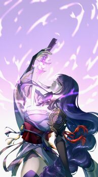 1girl absurdres angry asymmetrical_sleeves blunt_bangs braid breasts bridal_gauntlets cleavage clothing_cutout commentary_request electricity electro_symbol_(genshin_impact) from_side genshin_impact glowing glowing_eyes glowing_sword glowing_weapon gradient_background highres holding holding_sword holding_weapon japanese_clothes katana kimono large_breasts lingerie long_braid long_hair looking_up mitsudomoe_(shape) musou_isshin_(genshin_impact) neck_ribbon ngkhyn off_shoulder parted_lips pink_lips powering_up purple_background purple_kimono purple_thighhighs raiden_shogun red_ribbon red_sash ribbon sash shade shaded_face shoulder_cutout single_braid solo sword thighhighs thighs tomoe_(symbol) underwear uneven_sleeves upper_body weapon wide_sleeves