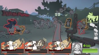 &gt;_&lt; 5girls 6+boys absurdres animal_ear_headphones animal_ears aris_(blue_archive) blonde_hair blue_archive blurry blurry_background carrying cat_ear_headphones cat_ears character_name charger_(left_4_dead) commentary crack cracked_floor crying death_momoi_(meme) doodle_sensei_(blue_archive) english_commentary fake_animal_ears fake_screenshot first_aid_kit forehead game_development_department_(blue_archive) gun halo handgun headphones health_bar highres holding holding_weapon hunter_(left_4_dead) immobilization jockey_(left_4_dead) la_chancla left_4_dead left_4_dead_2 lifting_person long_tongue lying m320 meme midori_(blue_archive) momoi_(blue_archive) multiple_boys multiple_girls nemo_(leafnight) no_pants on_back one_side_up open_mouth outdoors panties parody piggyback pov prehensile_tongue restrained running running_towards_viewer sensei_(blue_archive) siblings sisters smile smoker_(left_4_dead) tears tongue tongue_out twins two_side_up underwear user_interface very_long_tongue weapon yuuka_(blue_archive) yuzu_(blue_archive)