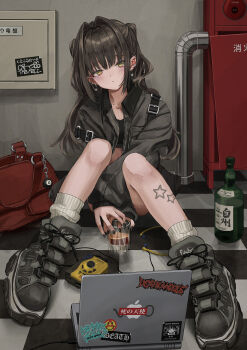1girl 8-ball alcohol apple_inc. baggy_clothes black_coat black_nails black_shirt brand_name_imitation brown_hair coat crop_top cup drinking_glass expressionless gishiki_(gshk) gothic_lolita green_eyes highres leg_tattoo lolita_fashion looking_at_viewer macbook original shirt shot_glass sitting smiley_face solo sony star_(symbol) tattoo walkman whiskey
