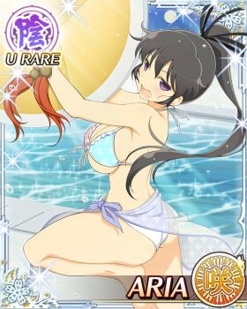 1girl aria_(senran_kagura) barefoot bikini black_hair black_ribbon blue_bikini blue_sarong border breasts card_(medium) character_name cleavage cymbals english_text front-tie_bikini_top front-tie_top game_cg hair_ribbon high_side_ponytail instrument large_breasts leg_up long_hair looking_at_viewer official_alternate_costume official_art open_mouth pool poolside purple_eyes red_bikini ribbon sarong see-through_clothes see-through_sarong senran_kagura senran_kagura_new_wave shuriken_print smile solo swimsuit water white_bikini