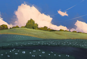 Rule 34 | blue sky, cloud, commentary, day, english commentary, field, flower, flower field, foliage, grass, landscape, nature, no humans, original, outdoors, procreate (medium), rajawat, scenery, sky, white flower