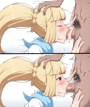 1boy 1girl afterimage blonde_hair blunt_bangs blush braid censored cheek_bulge closed_eyes clothed_female_nude_male commentary_request cum cum_in_mouth cum_overflow deepthroat eyelashes fellatio from_side green_eyes hand_on_another's_head hands_up hetero hiaburi_tokage highres irrumatio lillie_(pokemon) long_hair male_pubic_hair mosaic_censoring motion_blur nintendo nude oral penis pokemon pokemon_sm ponytail pubic_hair rape sailor_collar shirt white_shirt